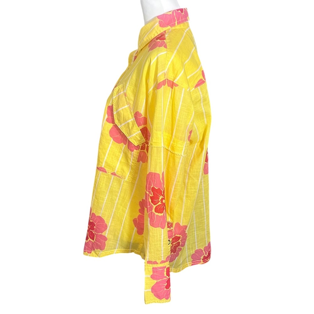 We The Free Shirt NWT women's XS Yellow Pink Hidden Flower Camo Oversized Button - Picture 2 of 12